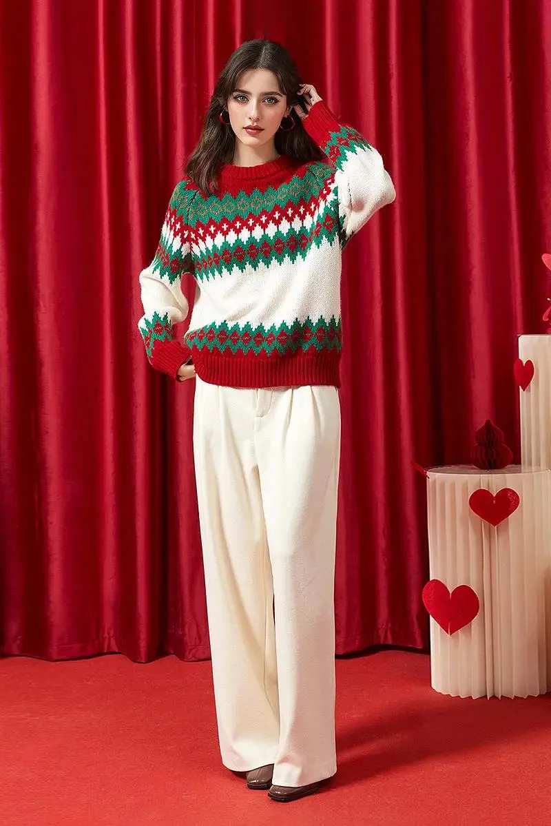 100 Wool Chunky Fair Isle Crewneck Holiday Sweater
