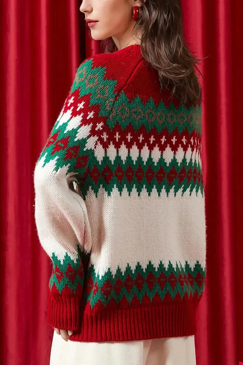 100 Wool Chunky Fair Isle Crewneck Holiday Sweater