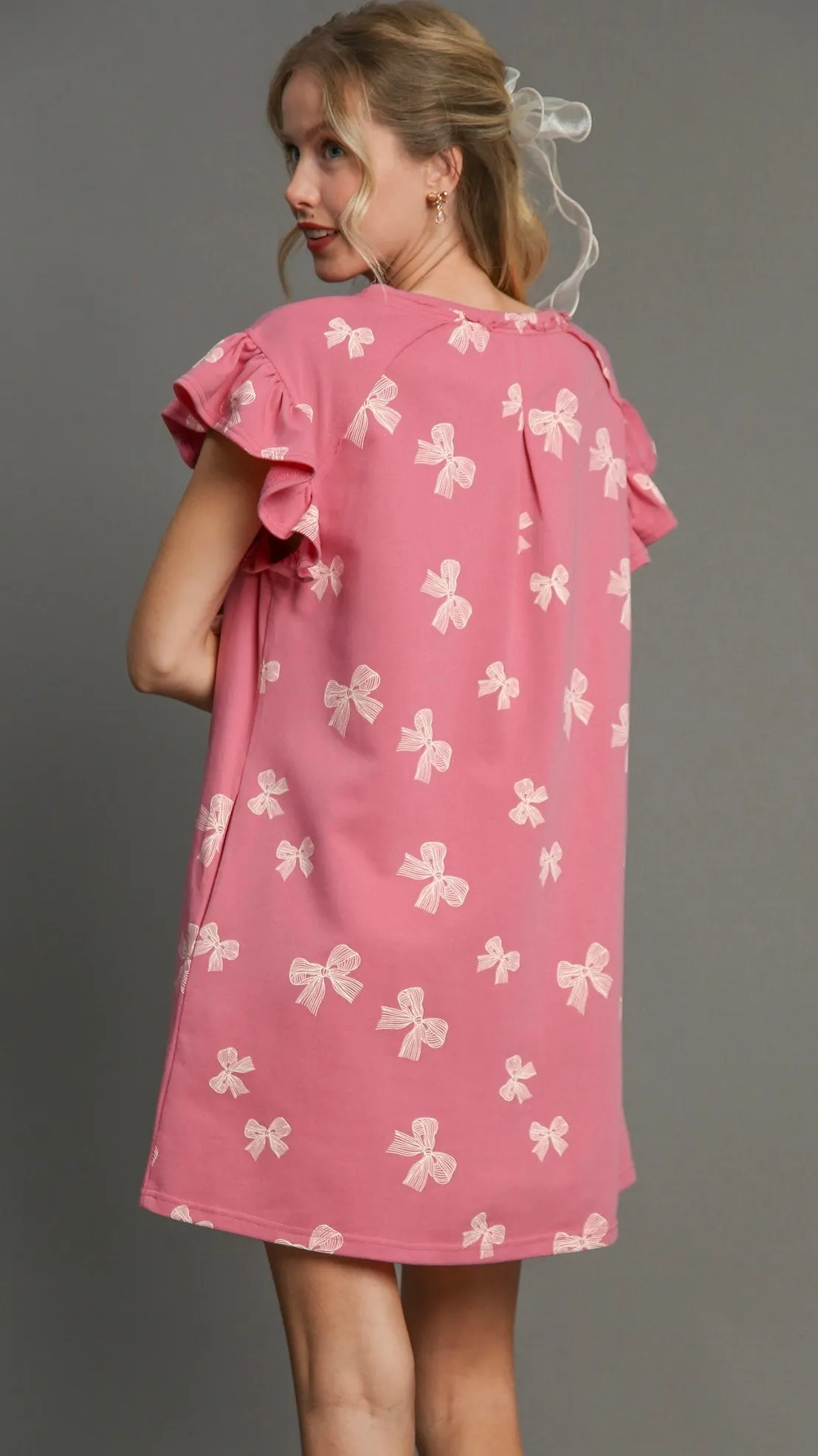 Bow Print Ruffle Shoulder Terry Dress