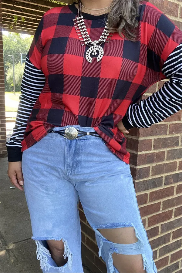 BQ15415 Red&black checked w/black&white stripe long sleeve women tops