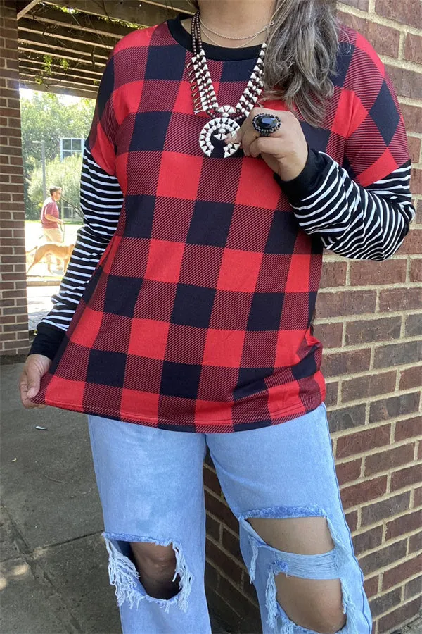 BQ15415 Red&black checked w/black&white stripe long sleeve women tops