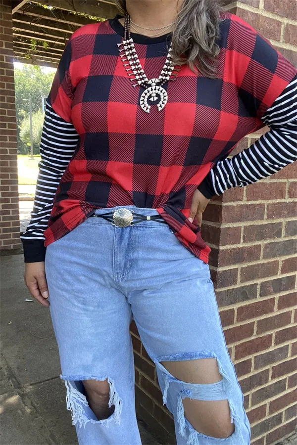 BQ15415 Red&black checked w/black&white stripe long sleeve women tops