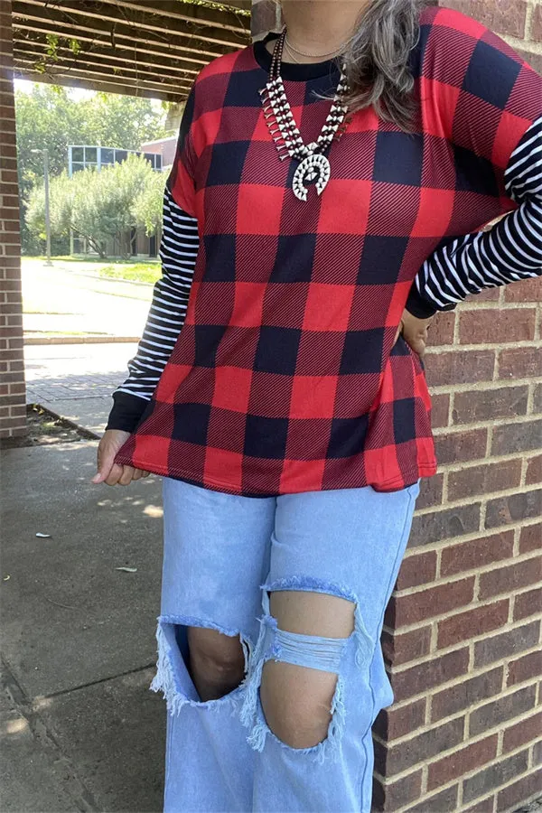 BQ15415 Red&black checked w/black&white stripe long sleeve women tops