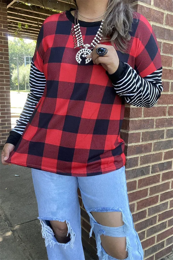 BQ15415 Red&black checked w/black&white stripe long sleeve women tops