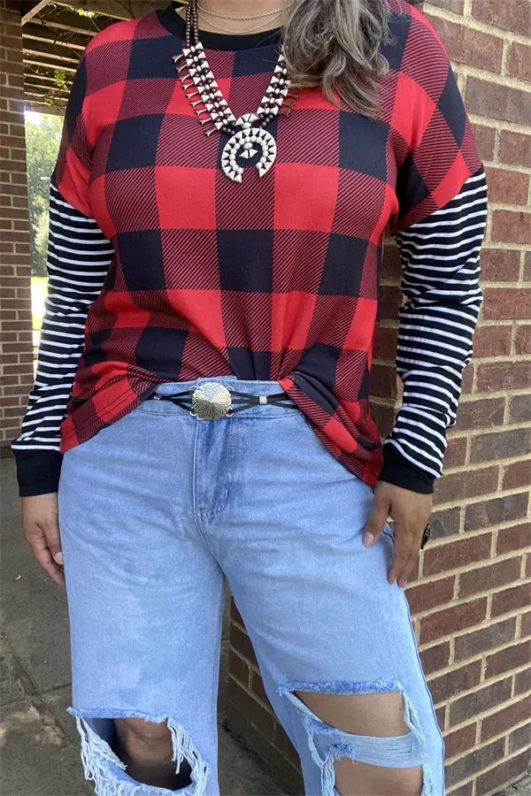 BQ15415 Red&black checked w/black&white stripe long sleeve women tops