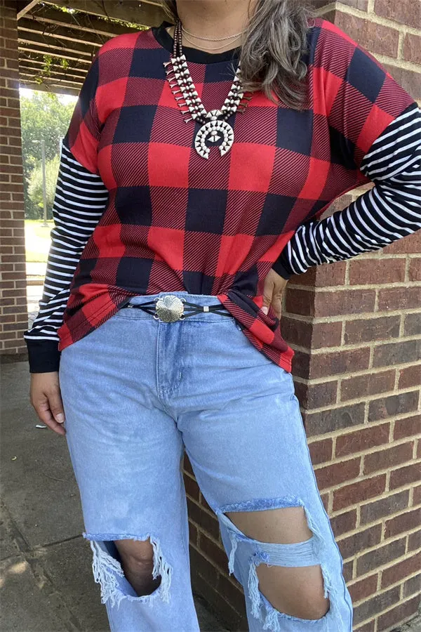 BQ15415 Red&black checked w/black&white stripe long sleeve women tops