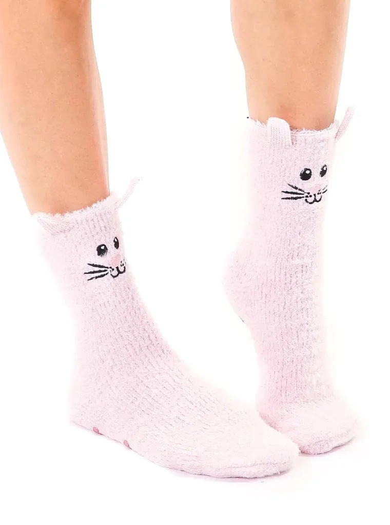 Bunny Rabbit Fuzzy Crew Slipper Socks Pink or White Soft and Fuzzy