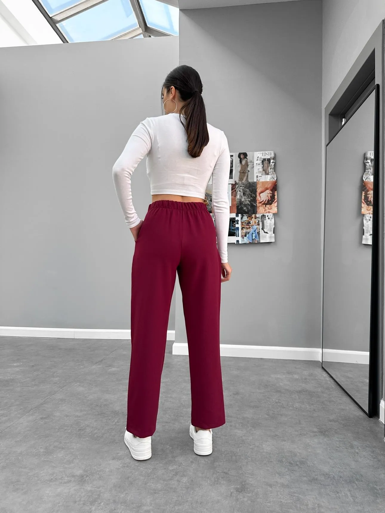 Burgundy Double Button Belt Detail Carrot Trousers