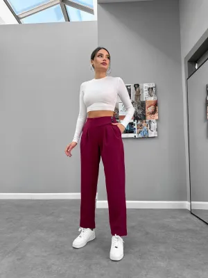 Burgundy Double Button Belt Detail Carrot Trousers