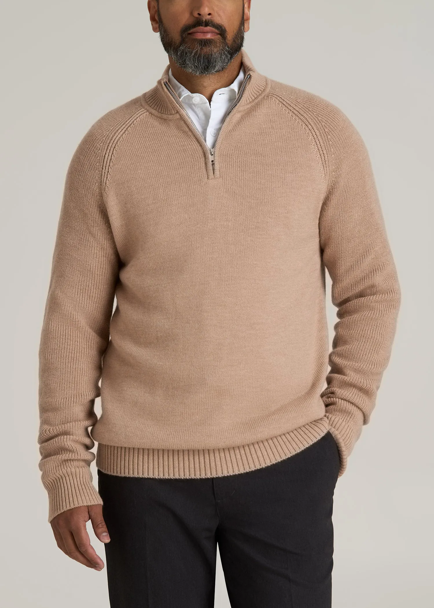 Chunky Merino Quarter-Zip Sweater for Tall Men in Oat