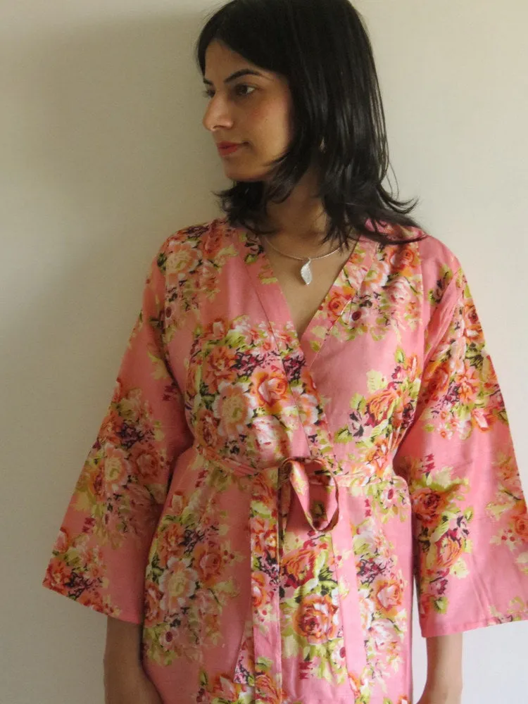 Coral Floral Knee Length, Kimono Crossover Belted Robe