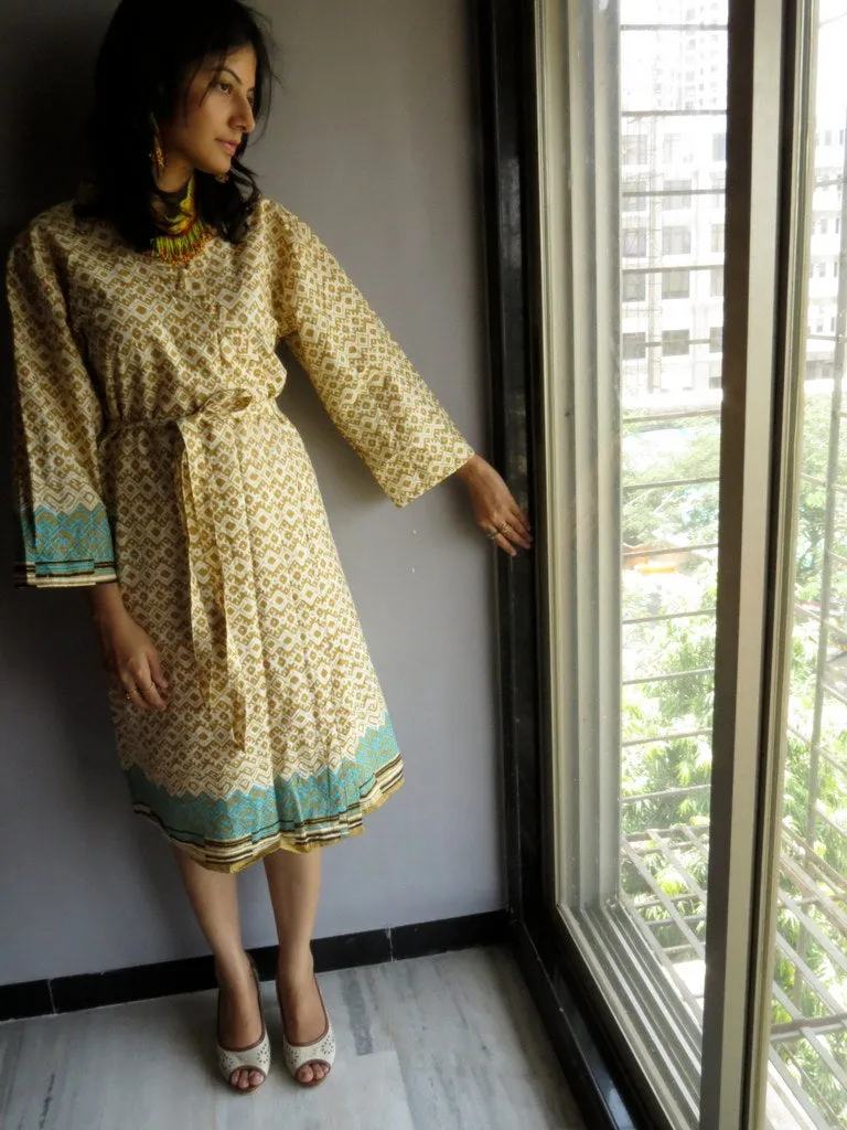 Cream Brown Chevron Knee Length, Kimono Crossover Belted Robe
