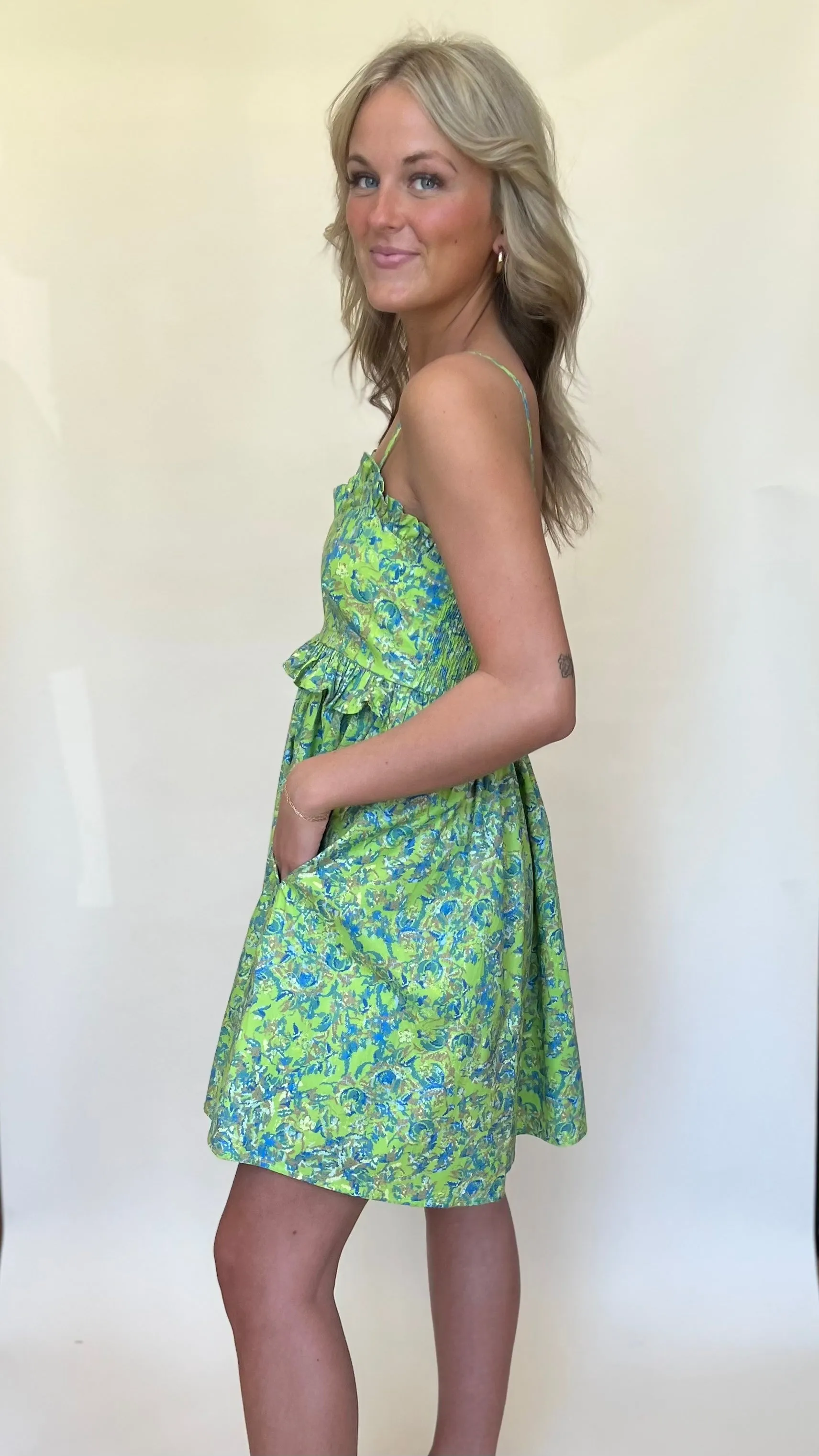 Digital Floral Ruffle Trim Dress