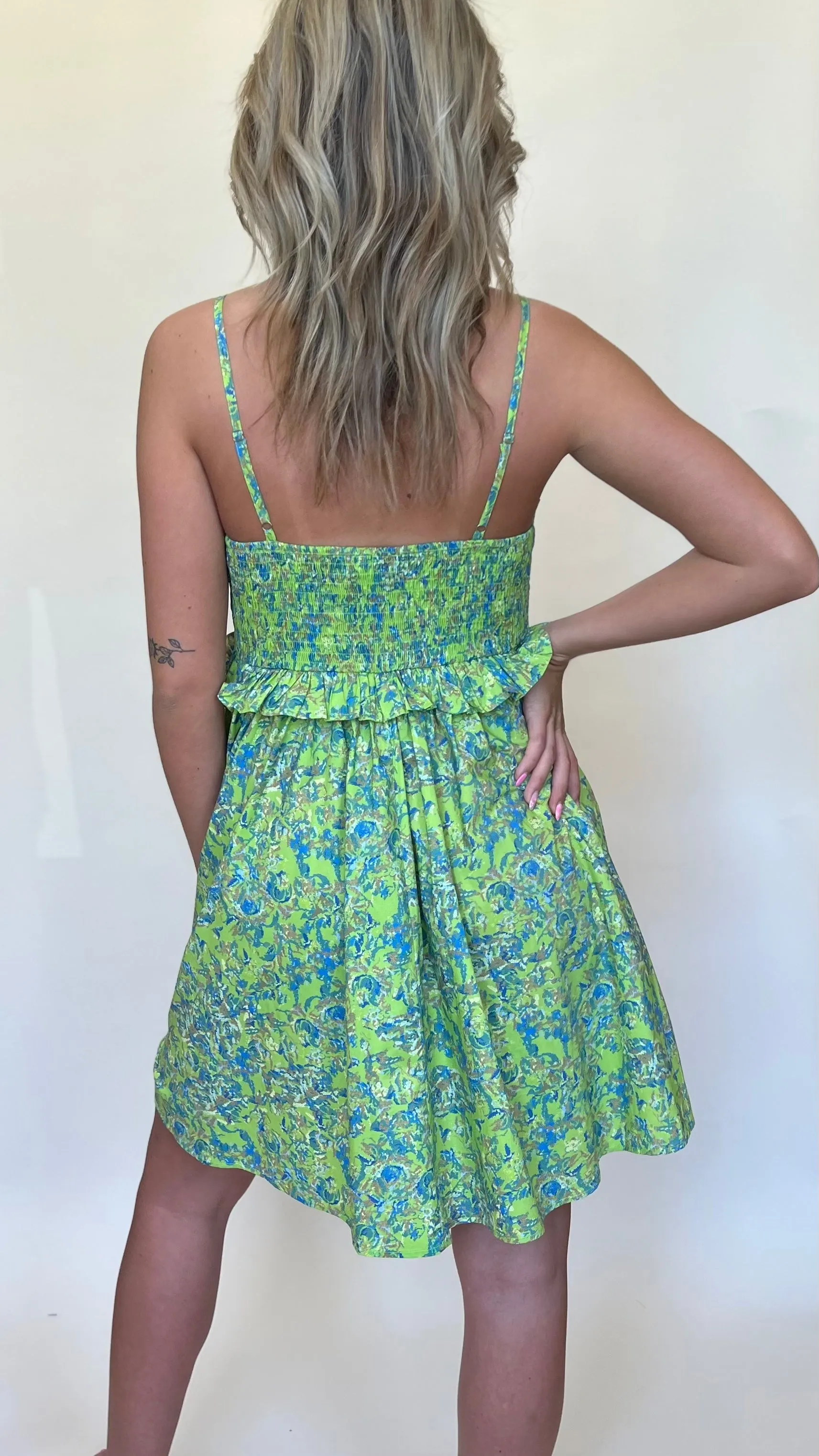 Digital Floral Ruffle Trim Dress