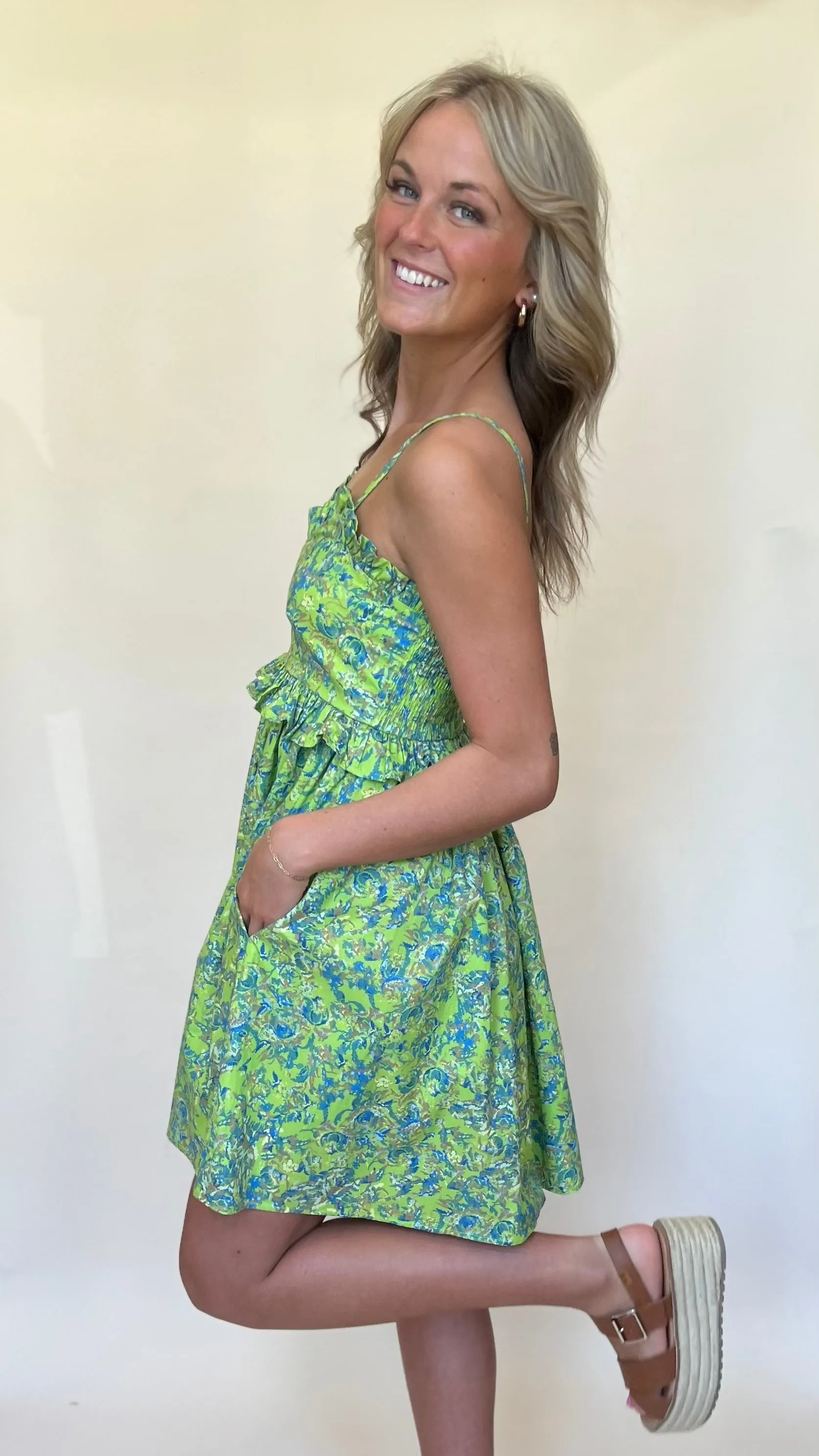 Digital Floral Ruffle Trim Dress