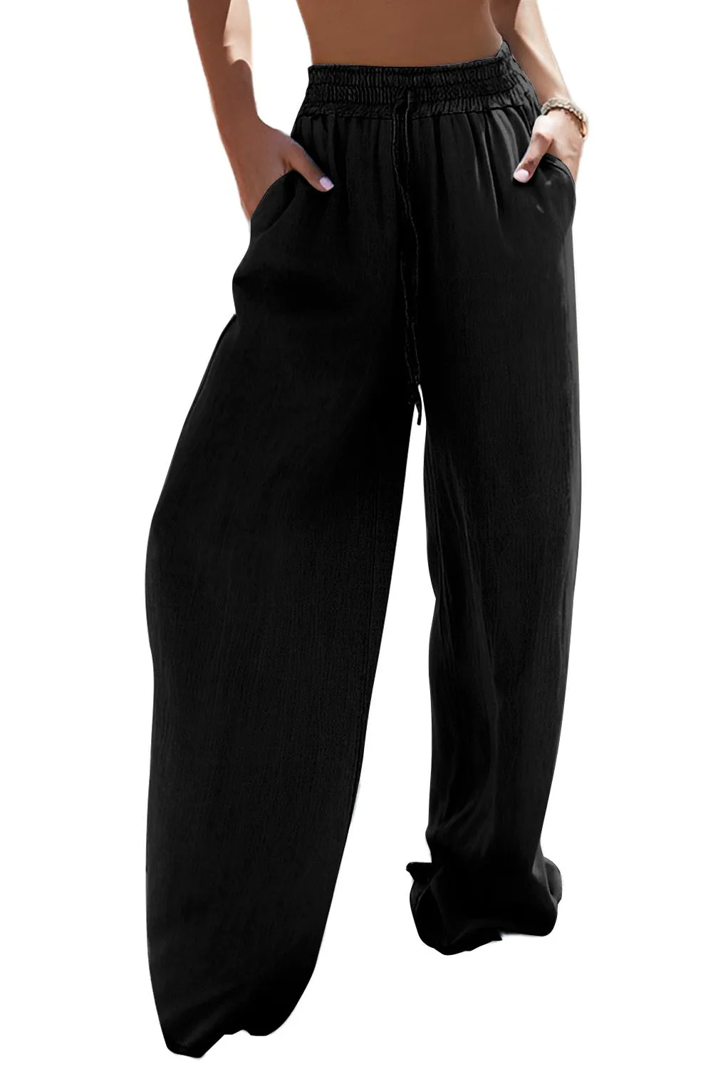 Drawstring High Waist Wide Leg Denim Pants