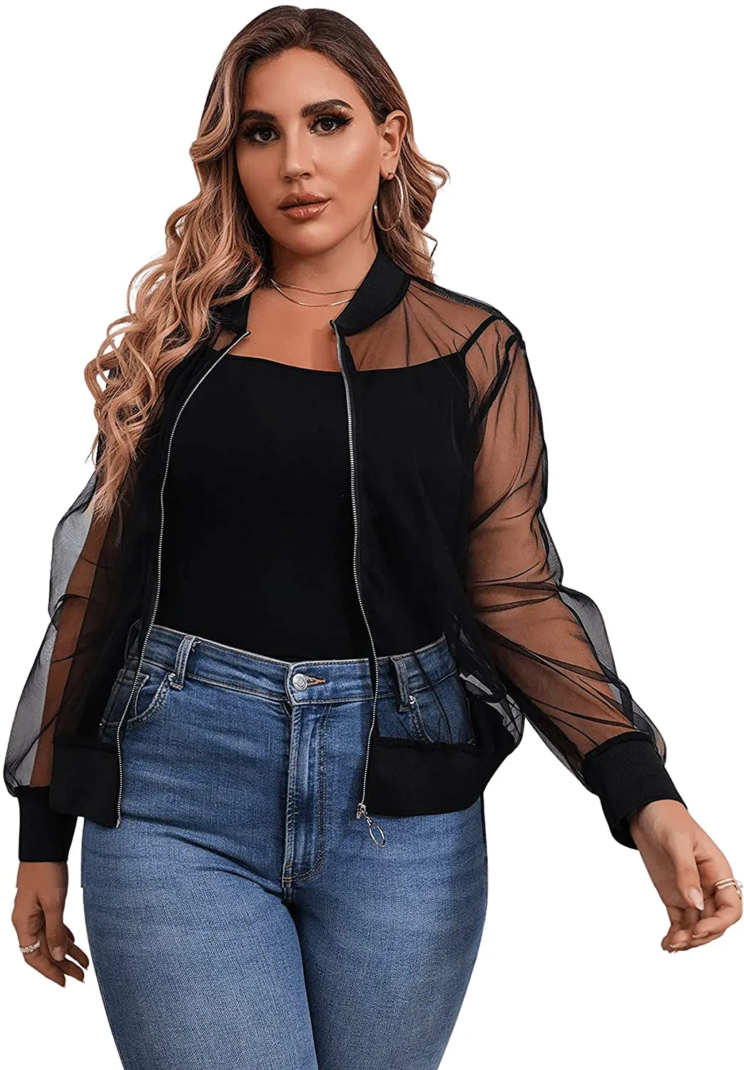 Floerns Women's Plus Size Sheer Floral Lace Long Sleeve Baseball Jacket