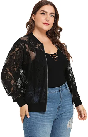 Floerns Women's Plus Size Sheer Floral Lace Long Sleeve Baseball Jacket