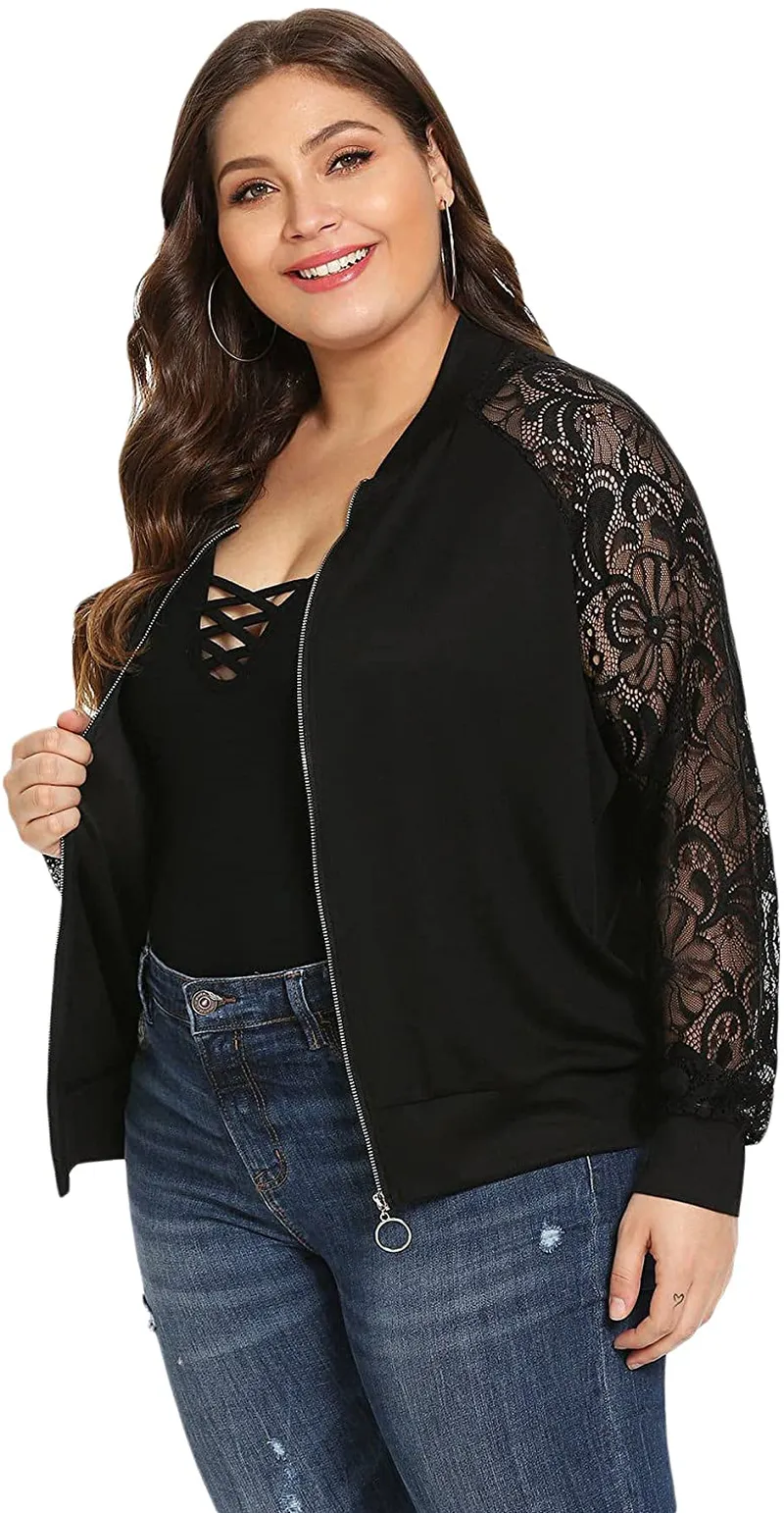 Floerns Women's Plus Size Sheer Floral Lace Long Sleeve Baseball Jacket