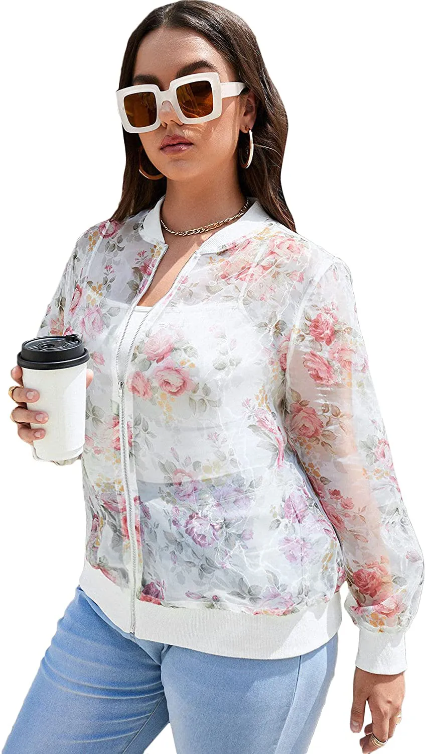 Floerns Women's Plus Size Sheer Floral Lace Long Sleeve Baseball Jacket