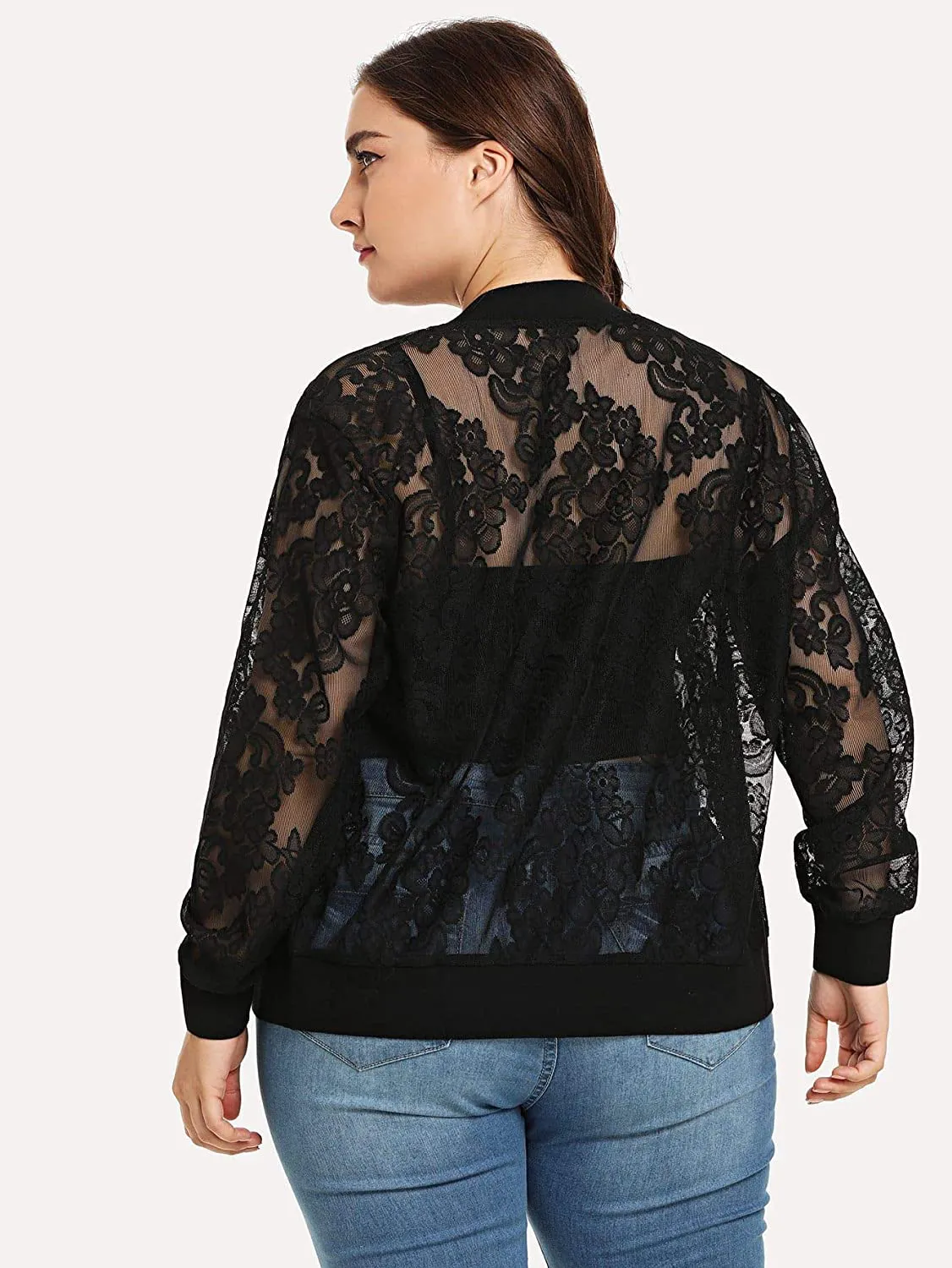 Floerns Women's Plus Size Sheer Floral Lace Long Sleeve Baseball Jacket