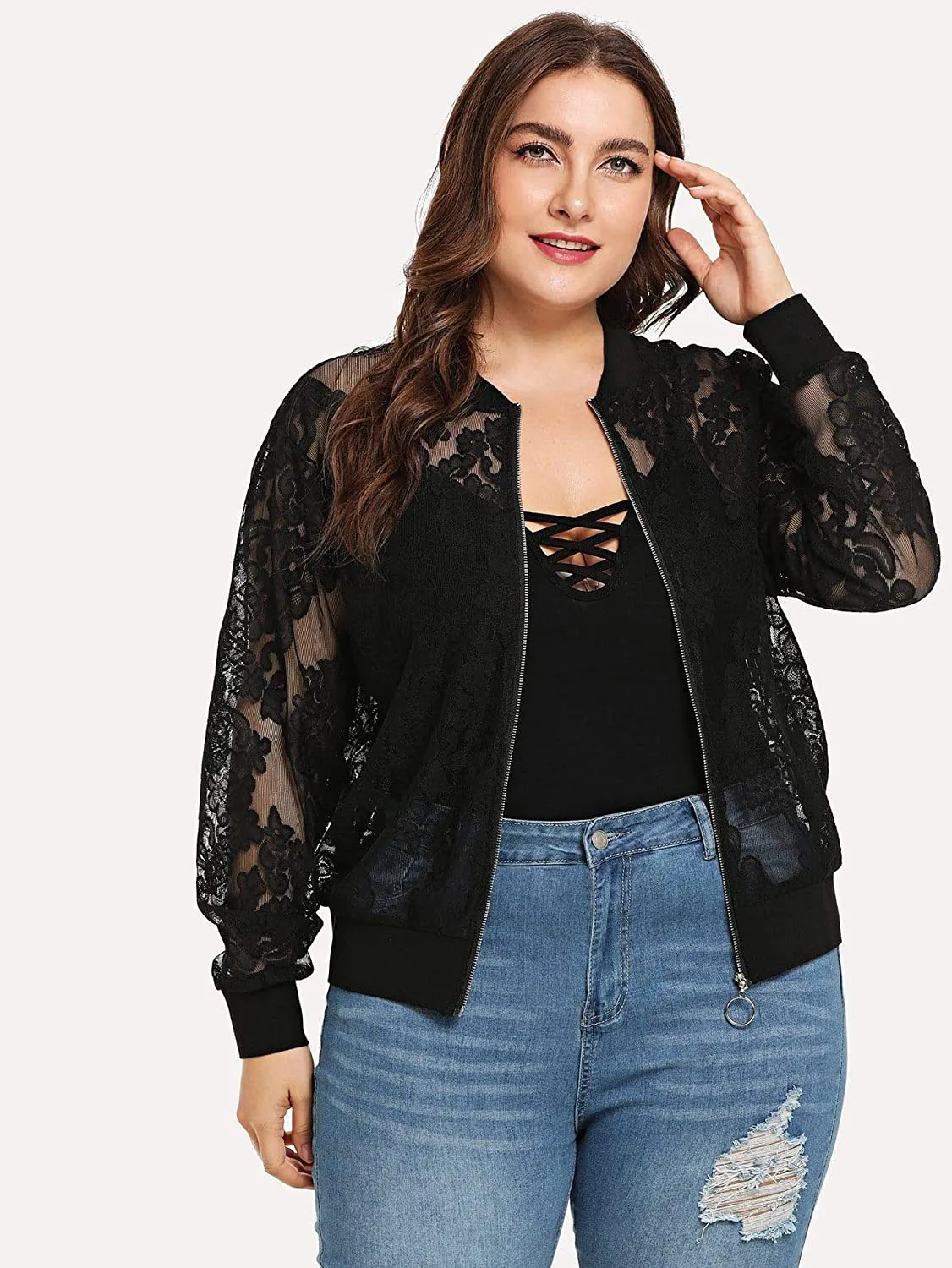 Floerns Women's Plus Size Sheer Floral Lace Long Sleeve Baseball Jacket