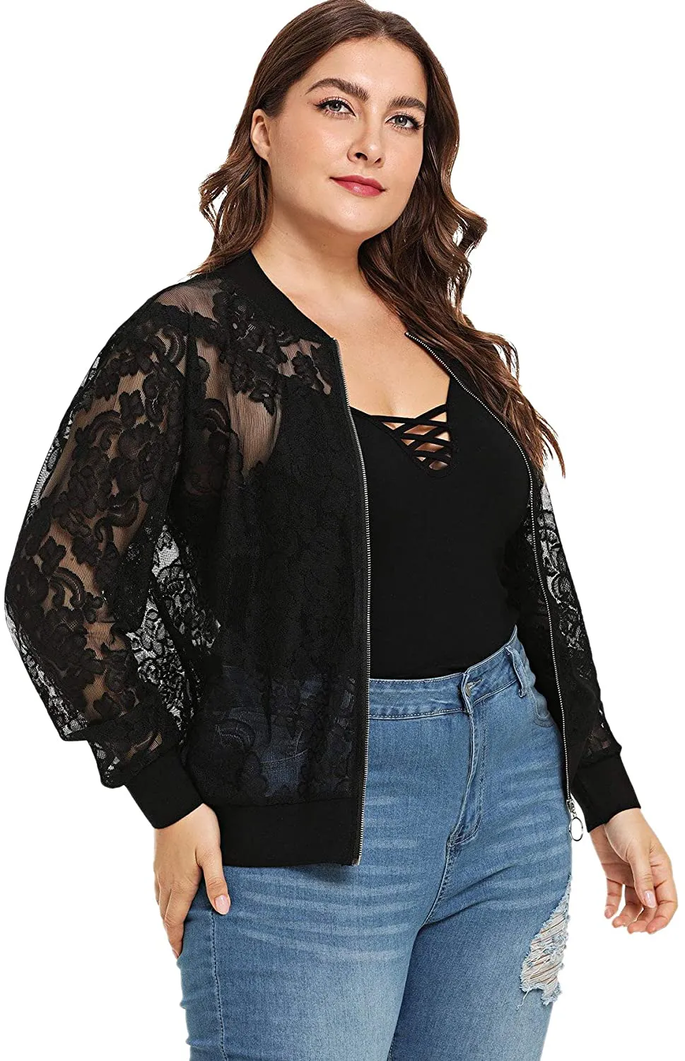Floerns Women's Plus Size Sheer Floral Lace Long Sleeve Baseball Jacket