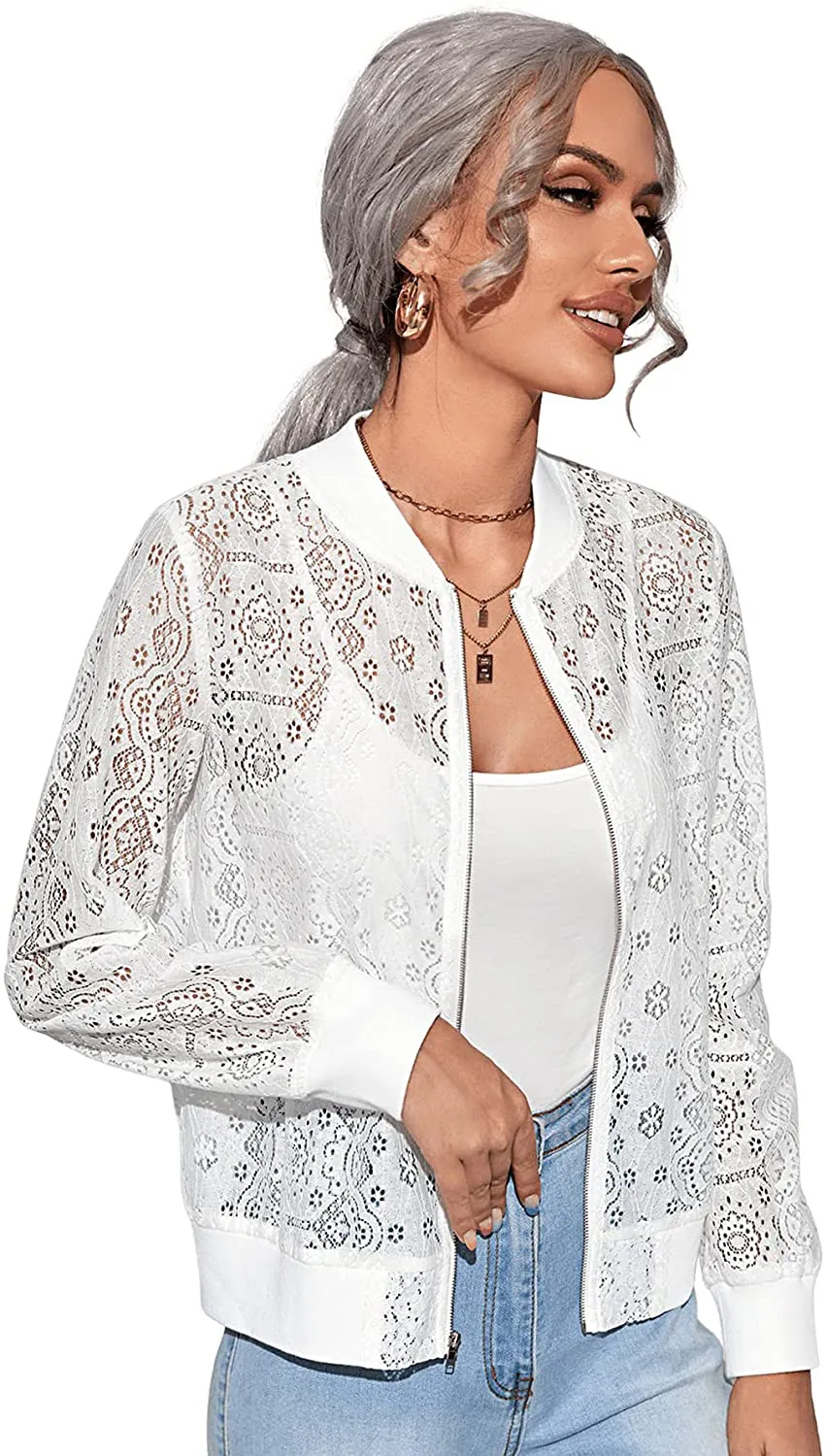 Floerns Women's Plus Size Sheer Floral Lace Long Sleeve Baseball Jacket