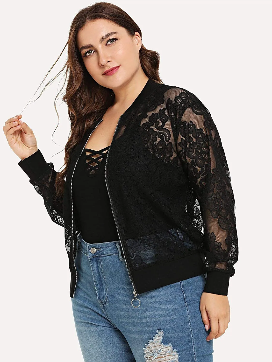 Floerns Women's Plus Size Sheer Floral Lace Long Sleeve Baseball Jacket