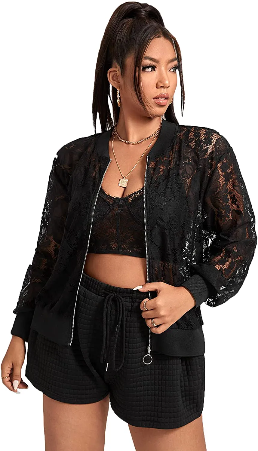 Floerns Women's Plus Size Sheer Floral Lace Long Sleeve Baseball Jacket