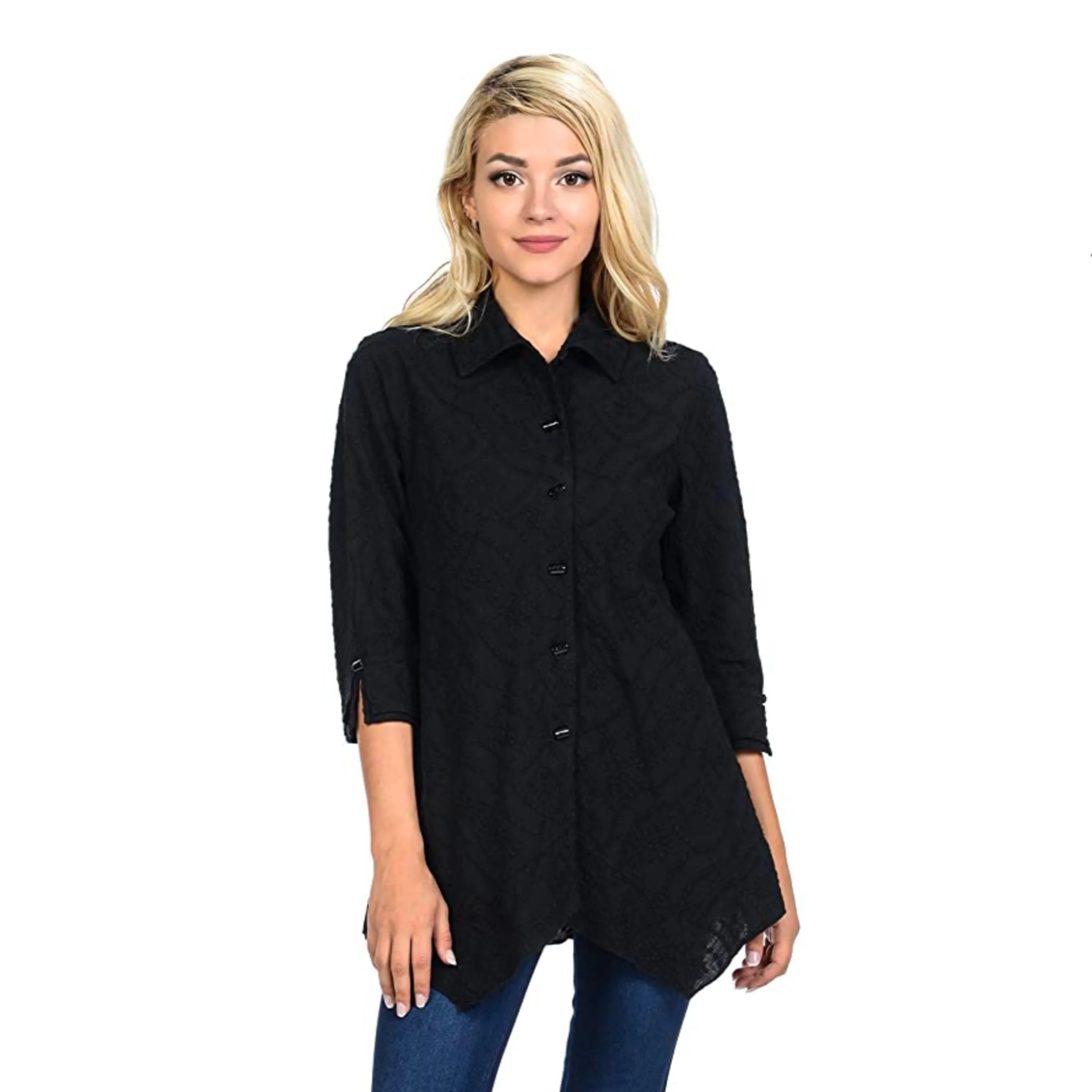 Focus Embroidered Button Front Blouse in Black - EC-104-BLK