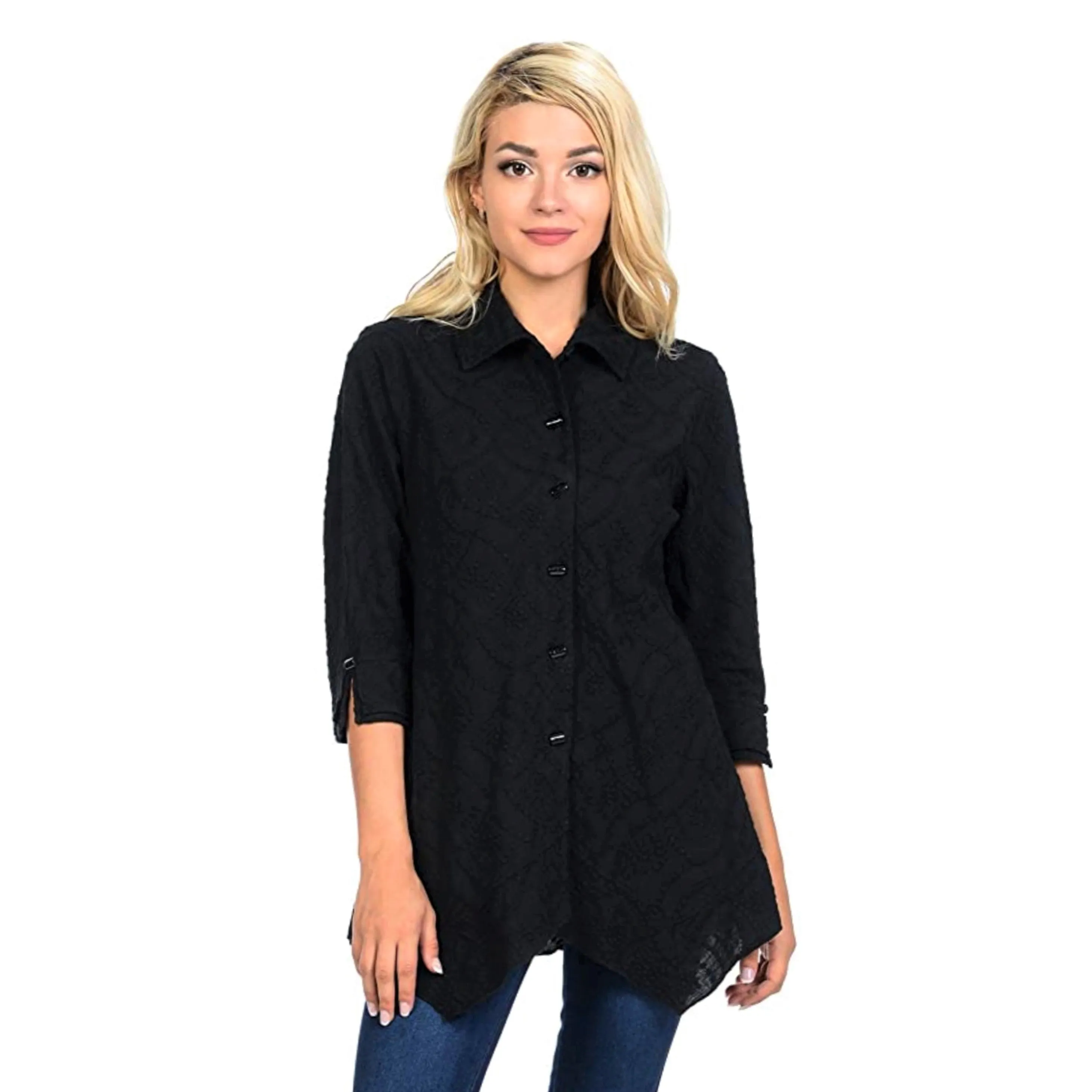 Focus Embroidered Button Front Blouse in Black - EC-104-BLK