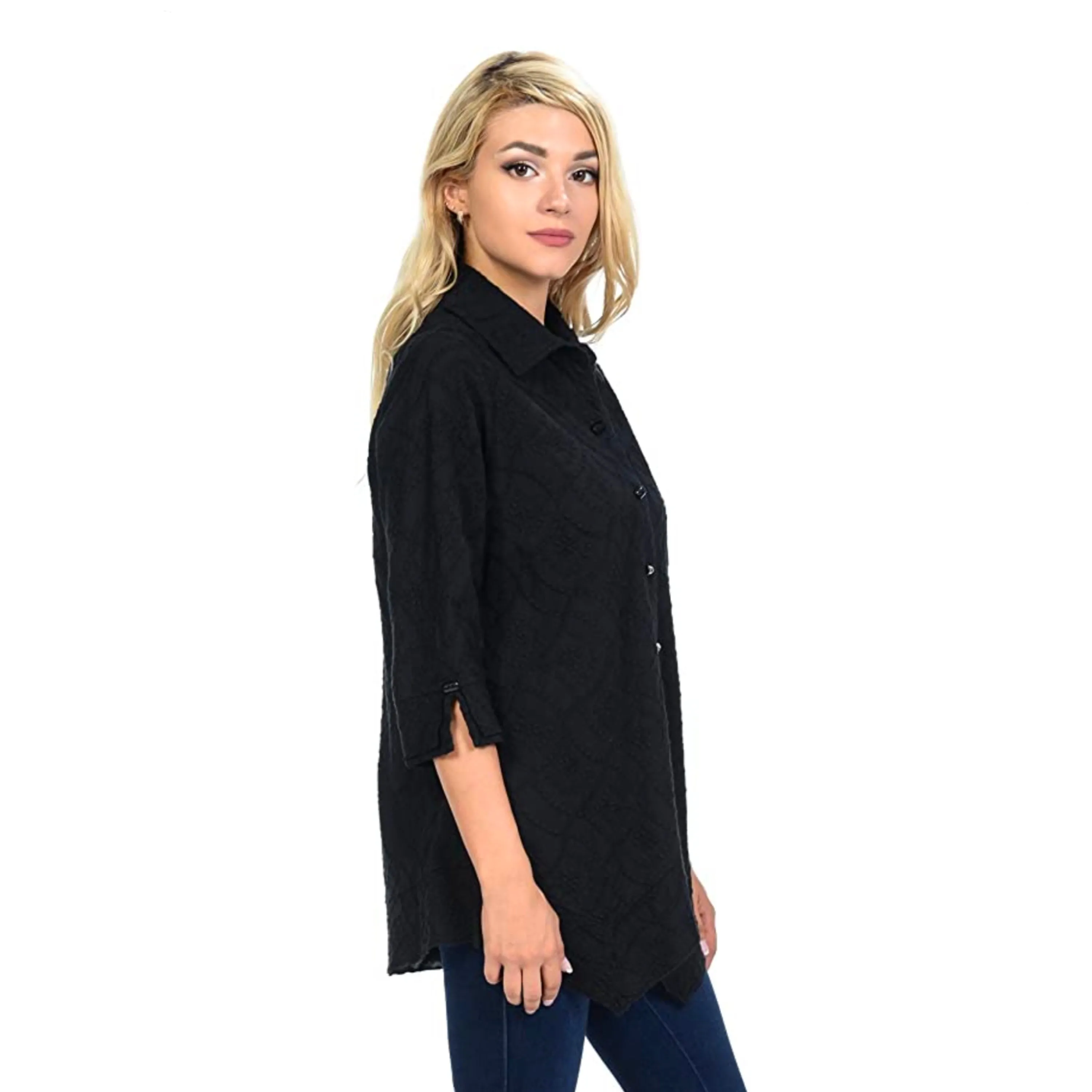 Focus Embroidered Button Front Blouse in Black - EC-104-BLK