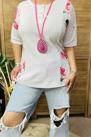 GJQ14220 Side floral multi printed with button white short sleeves women tops