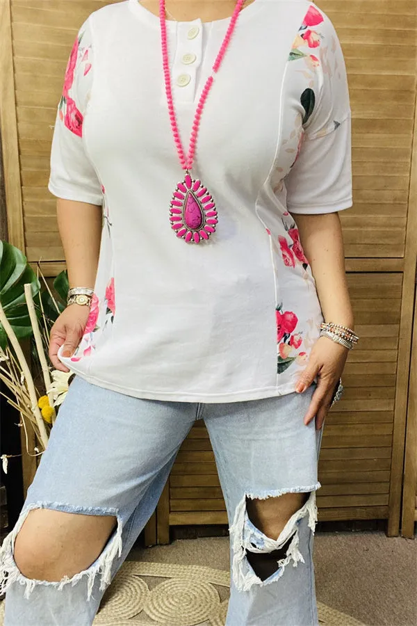 GJQ14220 Side floral multi printed with button white short sleeves women tops