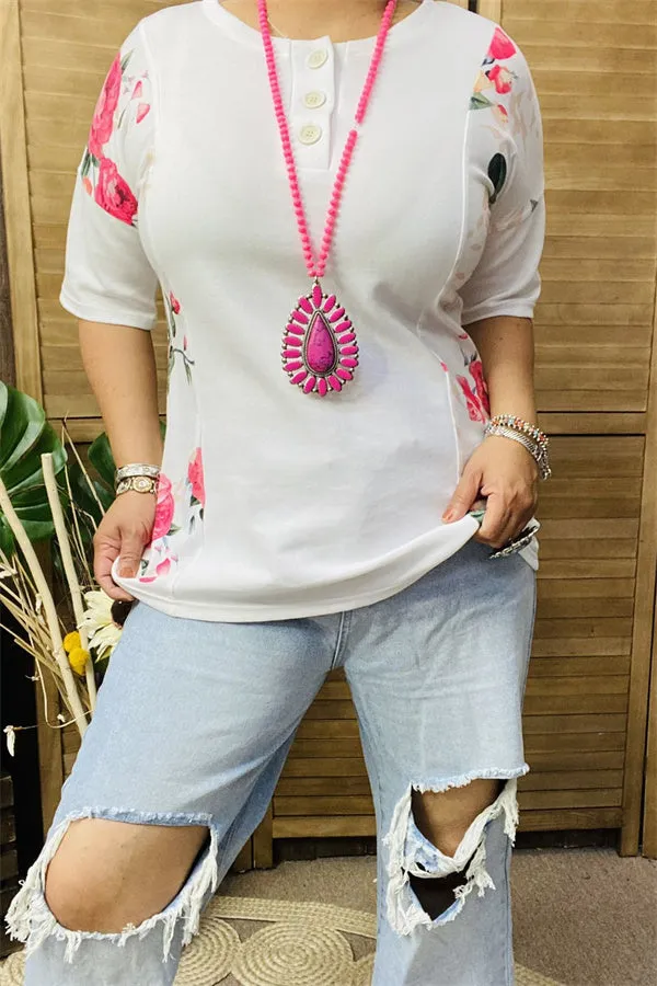 GJQ14220 Side floral multi printed with button white short sleeves women tops