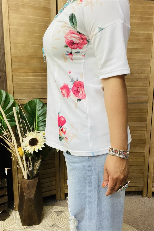 GJQ14220 Side floral multi printed with button white short sleeves women tops