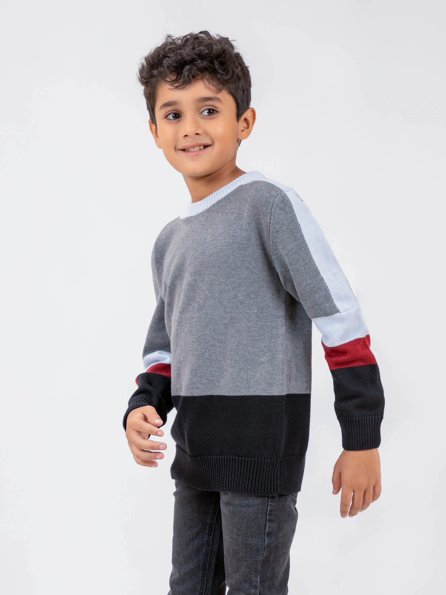 Grey Multi Color Crew Neck Casual Jumper