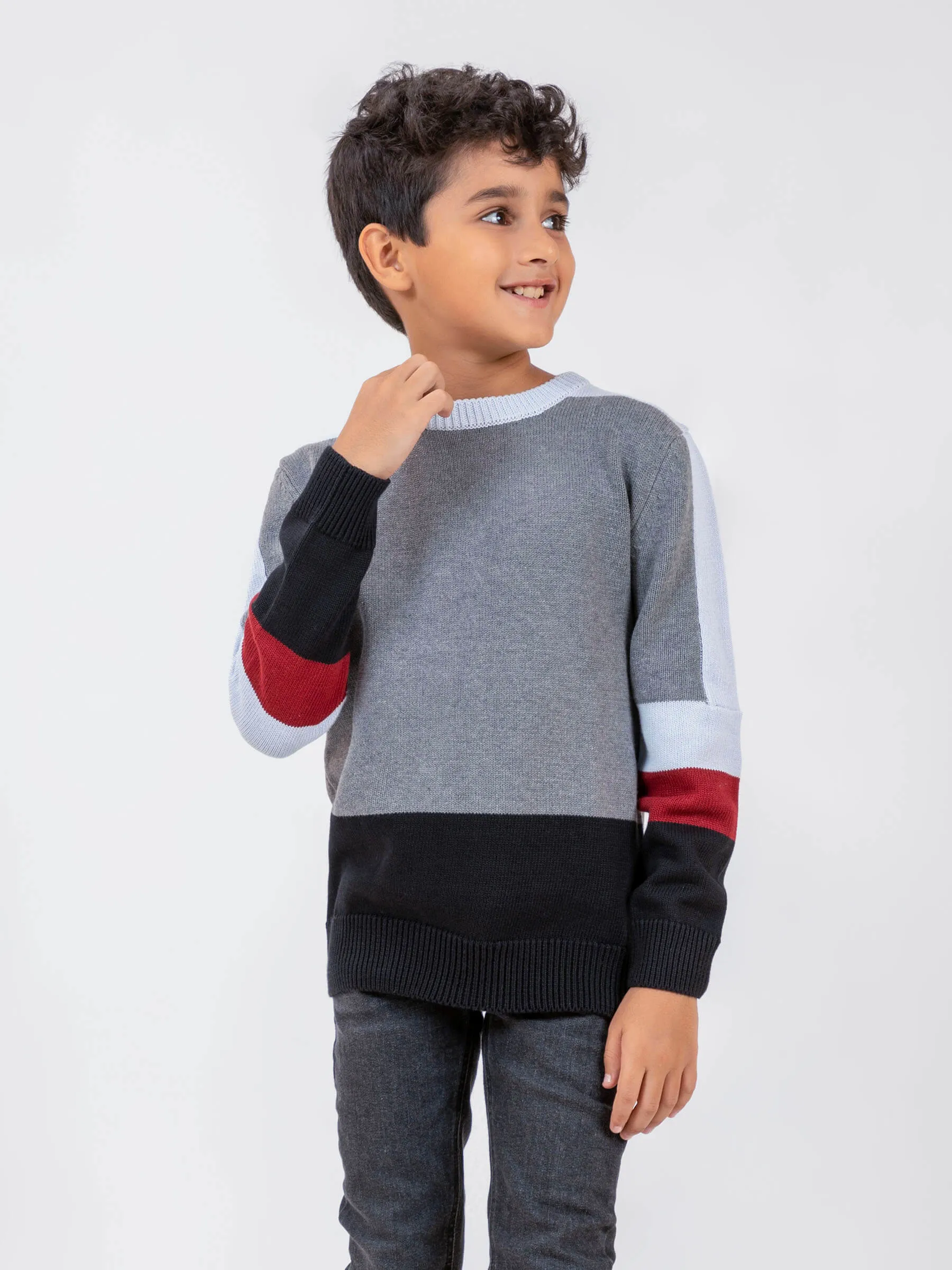 Grey Multi Color Crew Neck Casual Jumper