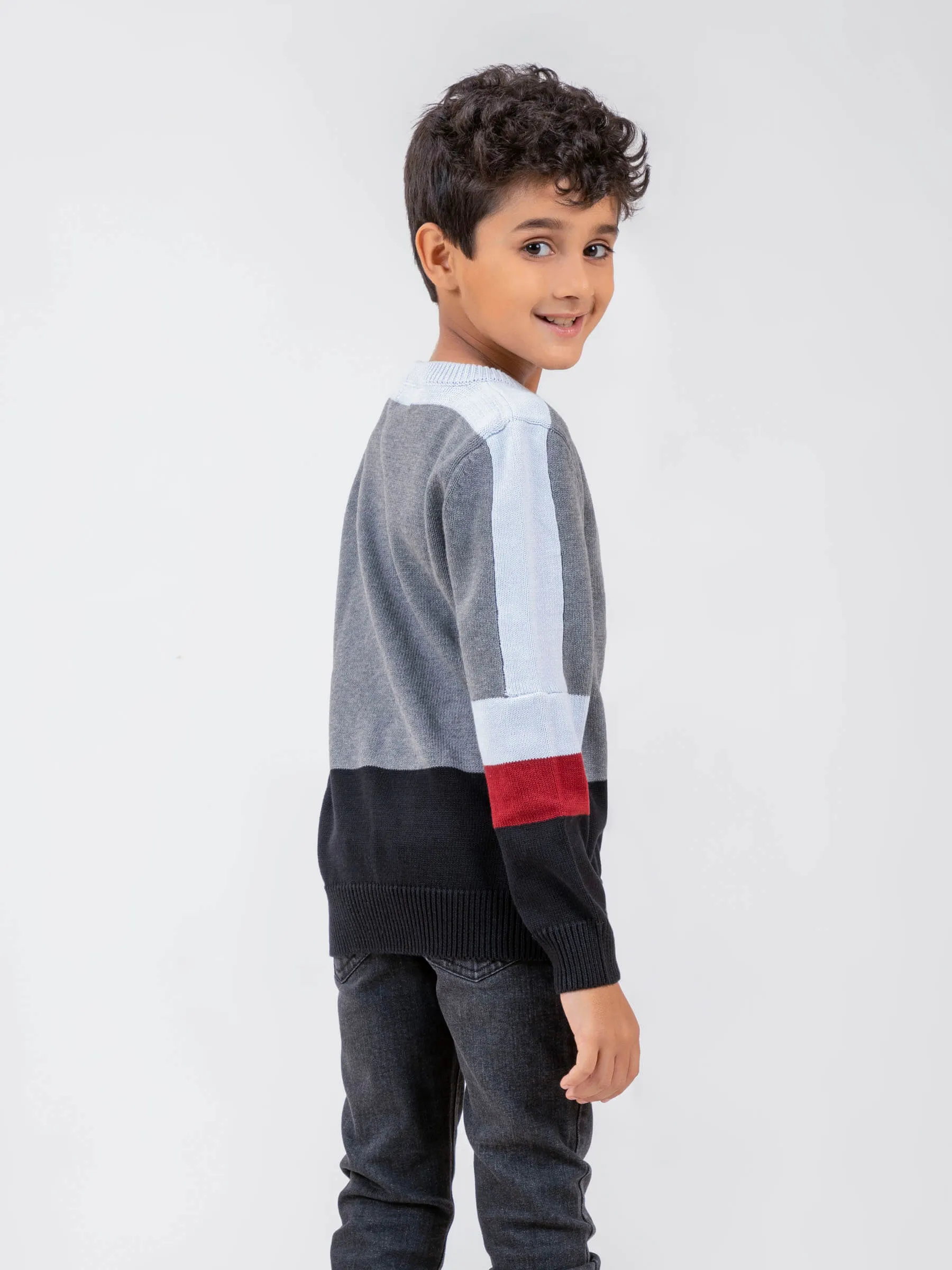 Grey Multi Color Crew Neck Casual Jumper