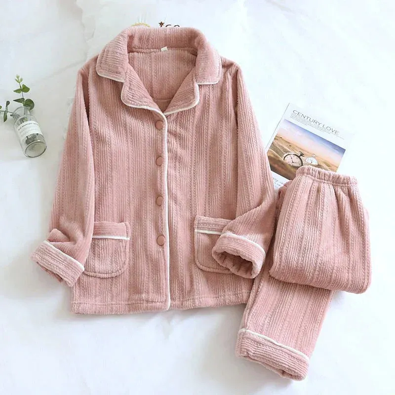 Ivyshape | Comfortable Flannel Pajama Two-Piece Set for Women