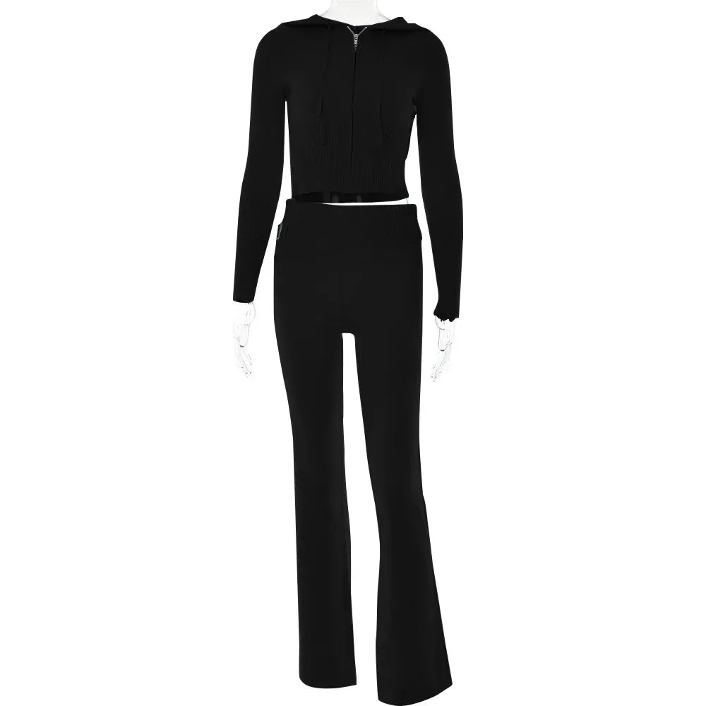 Knitted Hooded Crop Top and Flare Pants 2-Piece Tracksuit