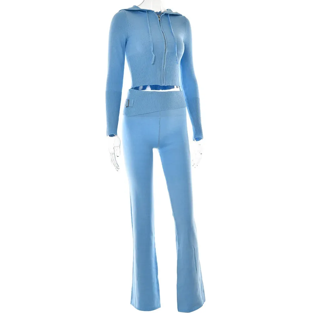 Knitted Hooded Crop Top and Flare Pants 2-Piece Tracksuit