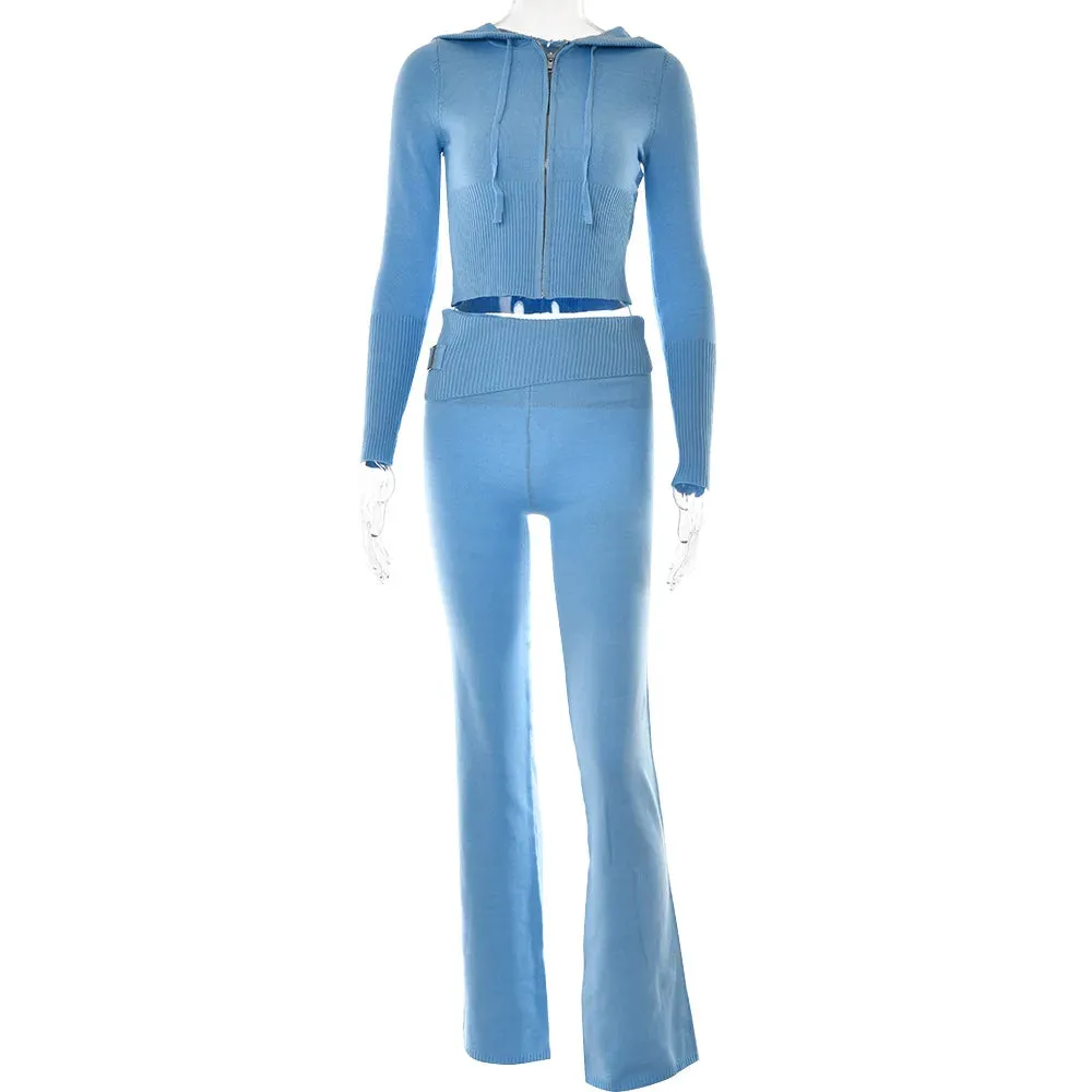 Knitted Hooded Crop Top and Flare Pants 2-Piece Tracksuit