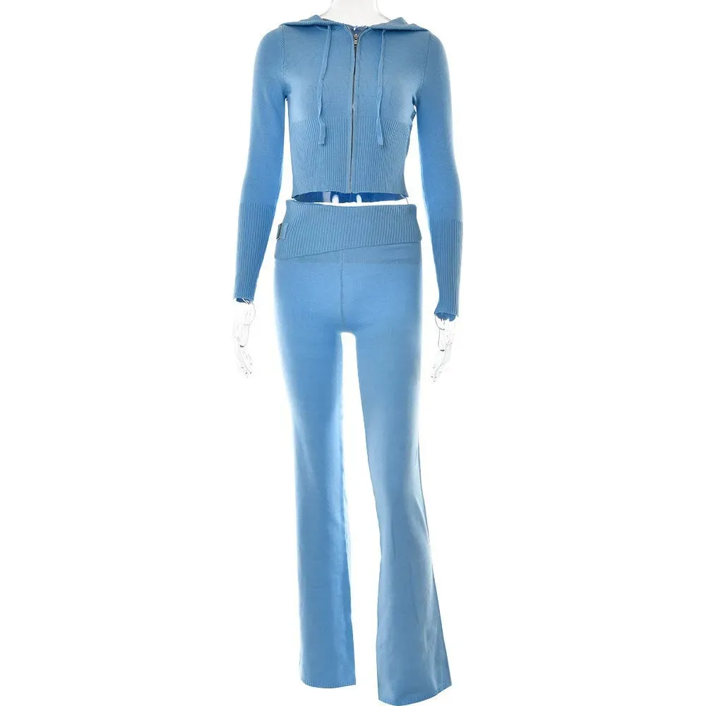 Knitted Hooded Crop Top and Flare Pants 2-Piece Tracksuit