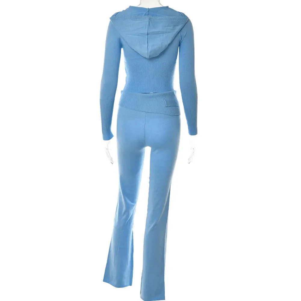 Knitted Hooded Crop Top and Flare Pants 2-Piece Tracksuit