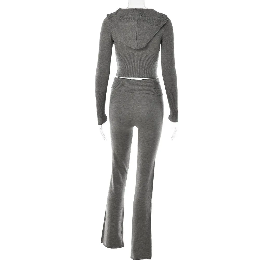 Knitted Hooded Crop Top and Flare Pants 2-Piece Tracksuit
