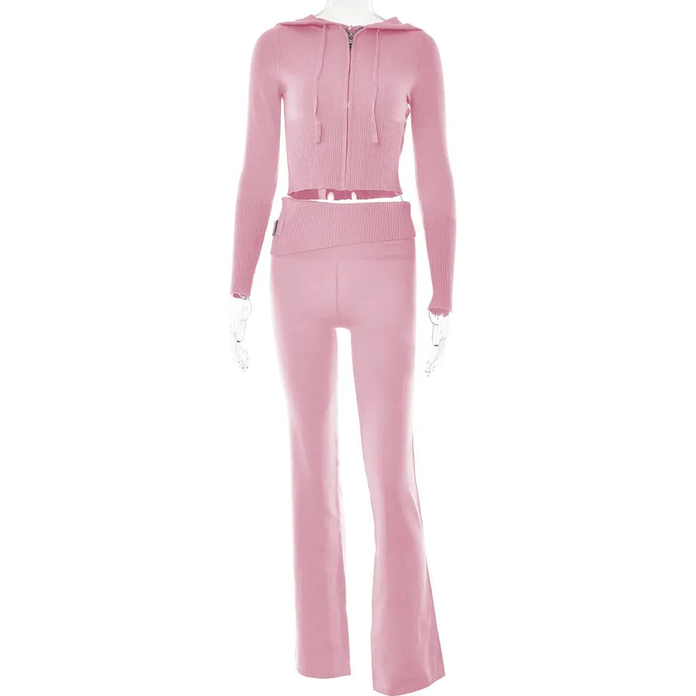 Knitted Hooded Crop Top and Flare Pants 2-Piece Tracksuit