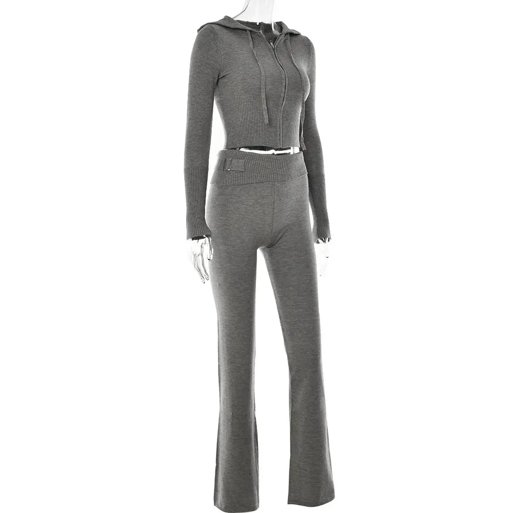 Knitted Hooded Crop Top and Flare Pants 2-Piece Tracksuit