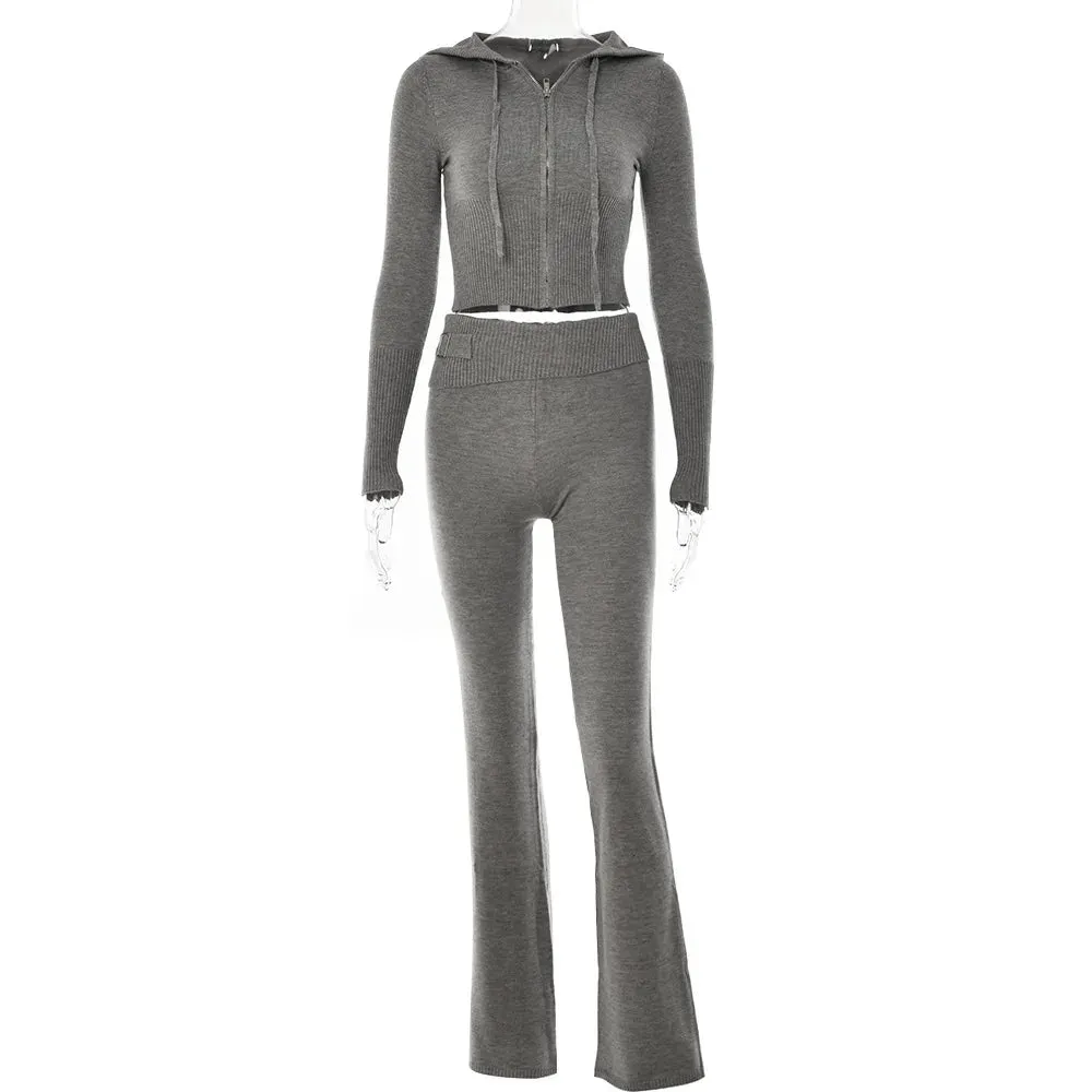 Knitted Hooded Crop Top and Flare Pants 2-Piece Tracksuit